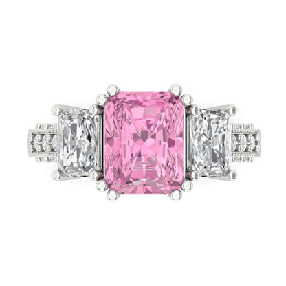 4.27 cttw Zirconia Simulated Pink Diamond Three-Stone Engagement Ring - Solid Gold (VVS1, Emerald Cut,9x7mm)