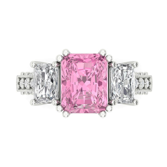 4.27 cttw Zirconia Simulated Pink Diamond Three-Stone Engagement Ring - Solid White Gold (VVS1, Emerald Cut,9x7mm)
