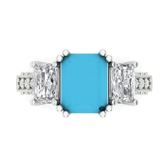 4.27 cttw Simulated Turquoise Three-Stone Engagement Ring - Solid White Gold (VVS1, Emerald Cut,9x7mm)