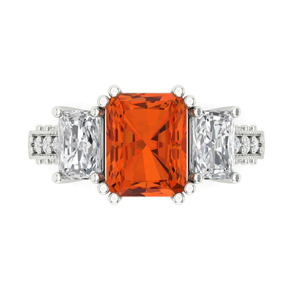 4.27 cttw Zirconia Simulated Red Diamond Three-Stone Engagement Ring - Solid Gold (VVS1, Emerald Cut,9x7mm)