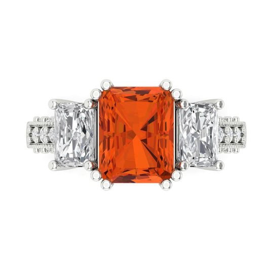 4.27 cttw Zirconia Simulated Red Diamond Three-Stone Engagement Ring - Solid White Gold (VVS1, Emerald Cut,9x7mm)