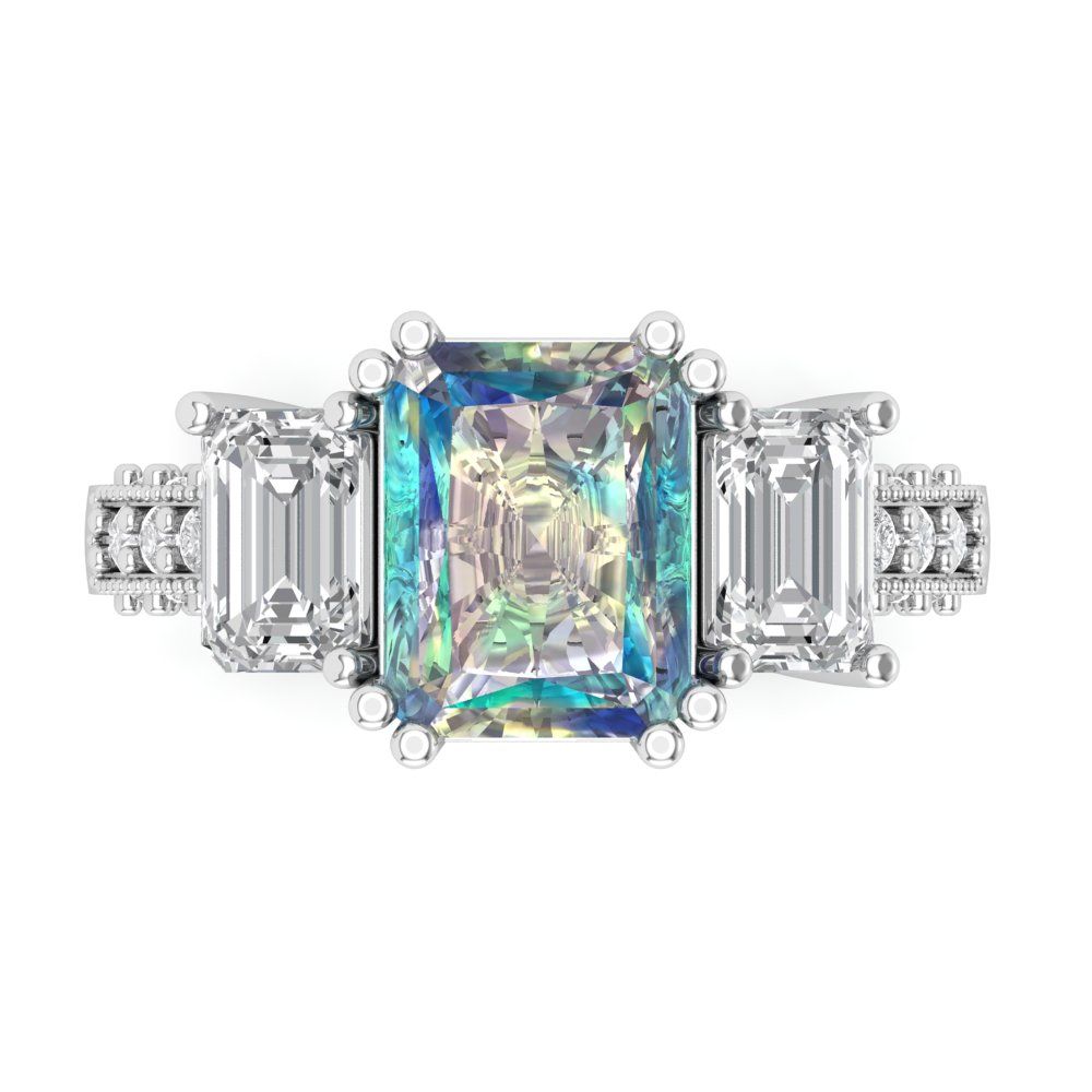 4.27 cttw Blue Moissanite Three-Stone Engagement Ring - Solid Gold (Emerald Cut,9x7mm)