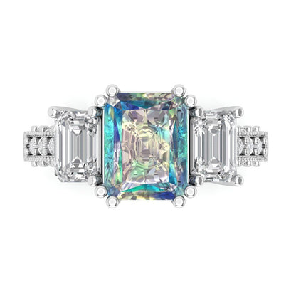 4.27 cttw Blue Moissanite Three-Stone Engagement Ring - Solid Gold (Emerald Cut,9x7mm)