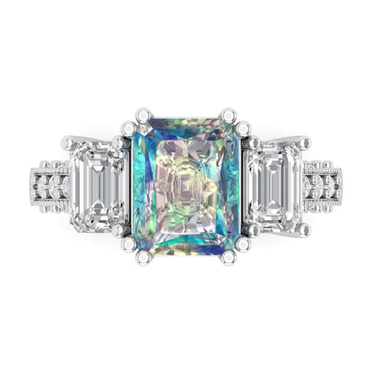 4.27 cttw Blue Moissanite Three-Stone Engagement Ring - Solid White Gold (VVS1, Emerald Cut,9x7mm)