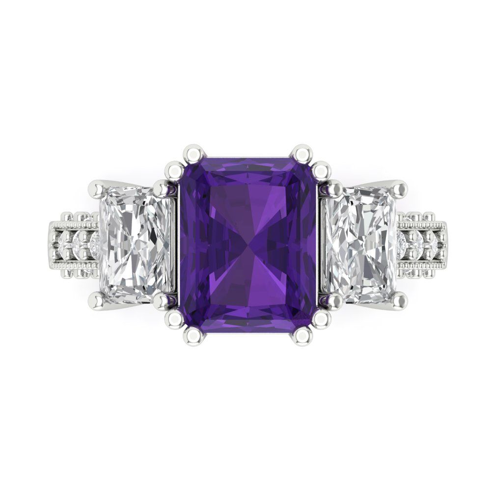 4.27 cttw Natural Amethyst Three-Stone Engagement Ring - Solid Gold (Emerald Cut,9x7mm)
