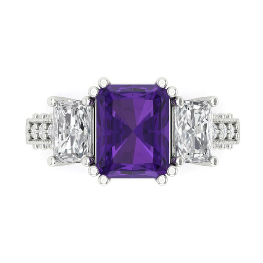 4.27 cttw Natural Amethyst Three-Stone Engagement Ring - Solid White Gold (VVS1, Emerald Cut,9x7mm)