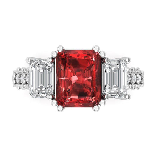 4.27 cttw Natural Garnet Three-Stone Engagement Ring - Solid White Gold (VVS1, Emerald Cut,9x7mm)