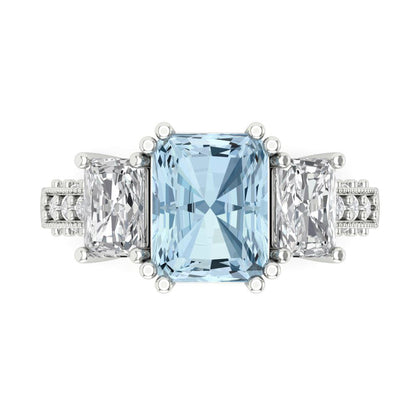 4.27 cttw Natural Sky Blue Topaz Three-Stone Engagement Ring - Solid Gold (Emerald Cut,9x7mm)
