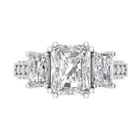 4.27 cttw Zirconia Simulated Diamond Three-Stone Engagement Ring - Solid White Gold (VVS1, Emerald Cut,9x7mm)