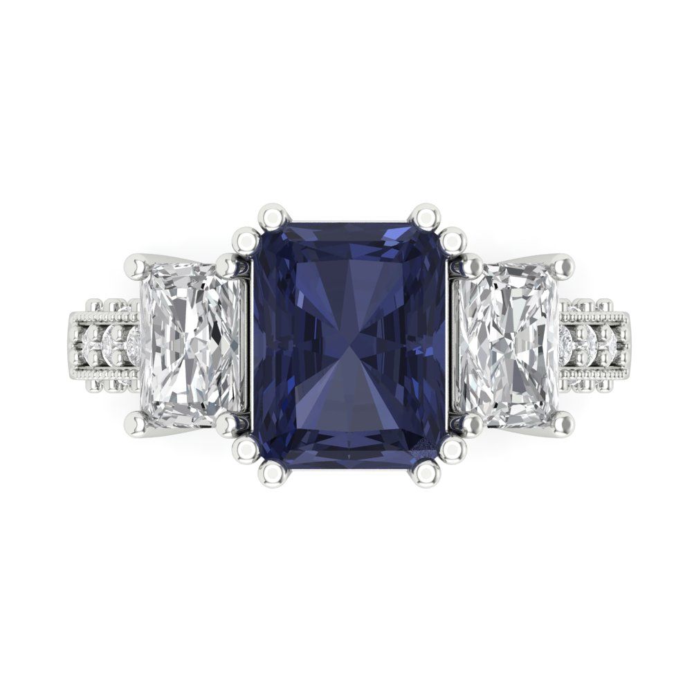 4.27 cttw Simulated Blue Sapphire Three-Stone Engagement Ring - Solid Gold (Emerald Cut,9x7mm)
