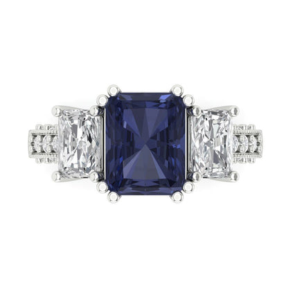 4.27 cttw Simulated Blue Sapphire Three-Stone Engagement Ring - Solid Gold (Emerald Cut,9x7mm)