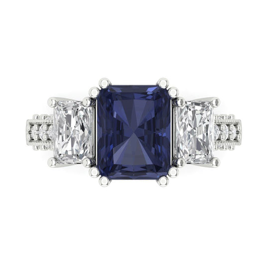 4.27 cttw Simulated Blue Sapphire Three-Stone Engagement Ring - Solid White Gold (VVS1, Emerald Cut,9x7mm)