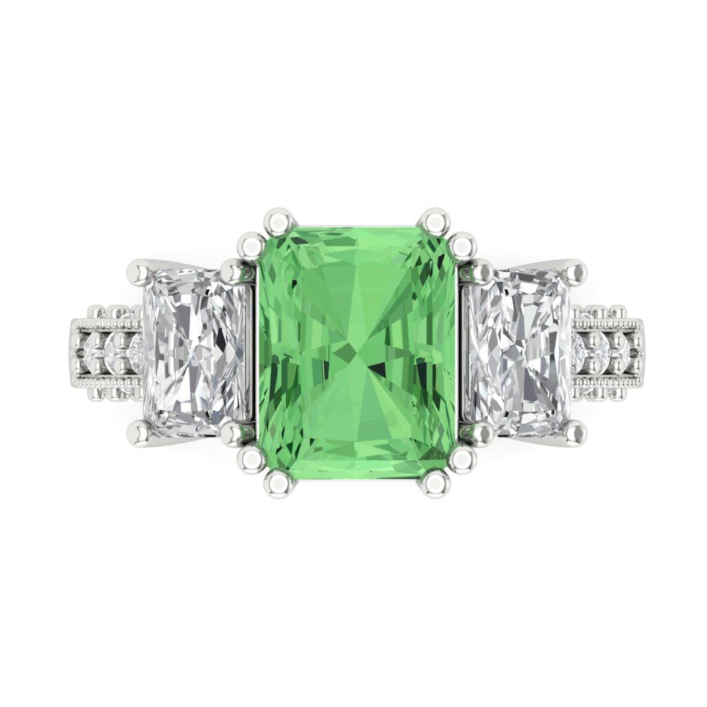 4.27 cttw Zirconia Simulated Green Diamond Three-Stone Engagement Ring - Solid Gold (VVS1, Emerald Cut,9x7mm)