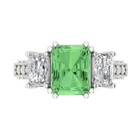 4.27 cttw Zirconia Simulated Green Diamond Three-Stone Engagement Ring - Solid White Gold (VVS1, Emerald Cut,9x7mm)