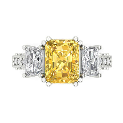 4.27 cttw Zirconia Simulated Yellow Diamond Three-Stone Engagement Ring - Solid Gold (VVS1, Emerald Cut,9x7mm)