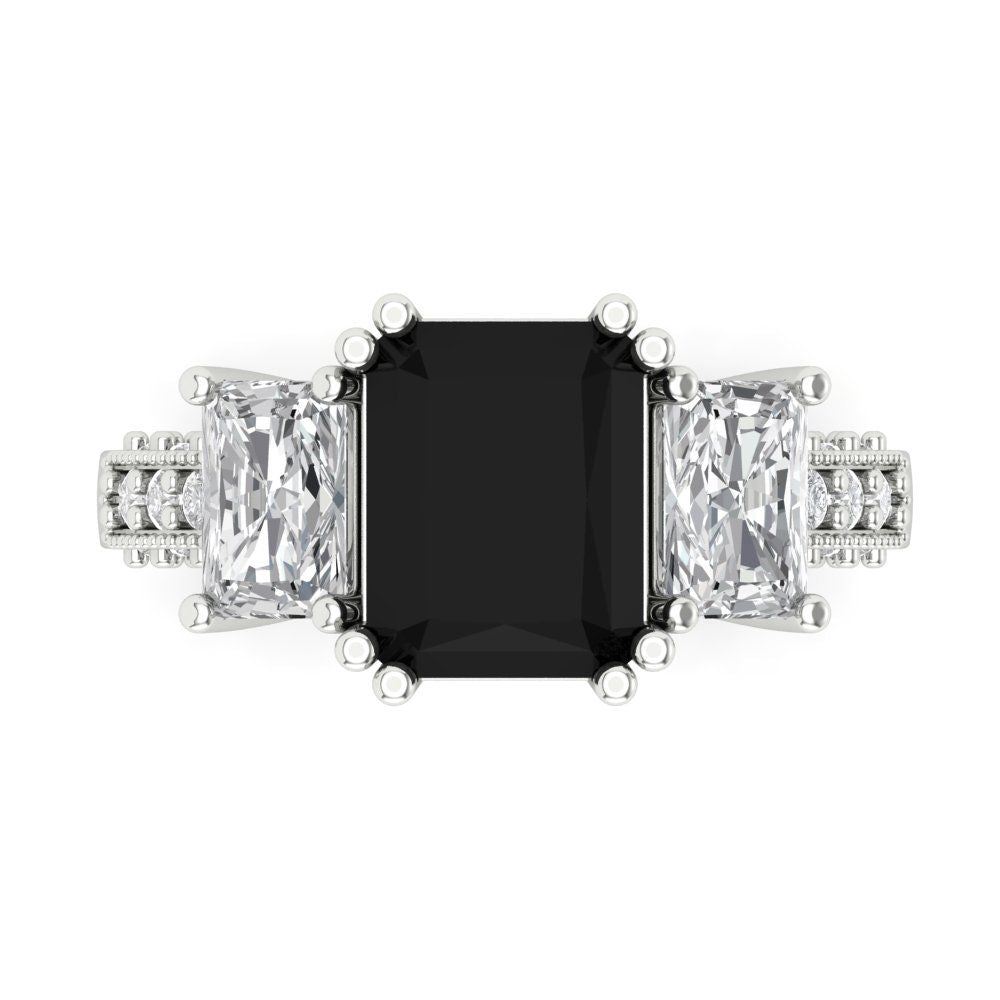 4.27 cttw Natural Onyx Three-Stone Engagement Ring - Solid Gold (Emerald Cut,9x7mm)