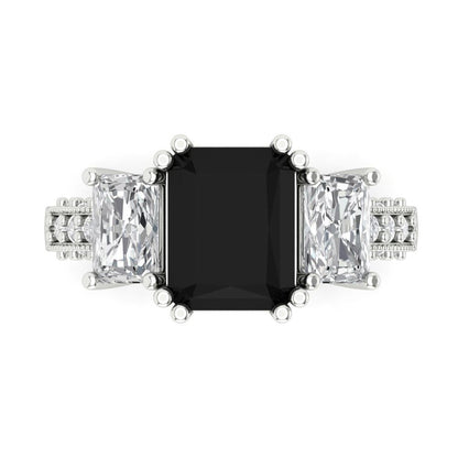 4.27 cttw Natural Onyx Three-Stone Engagement Ring - Solid Gold (Emerald Cut,9x7mm)