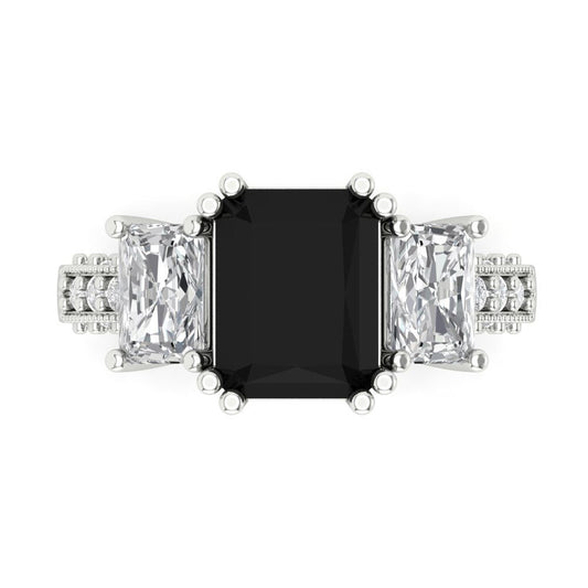 4.27 cttw Natural Onyx Three-Stone Engagement Ring - Solid White Gold (VVS1, Emerald Cut,9x7mm)