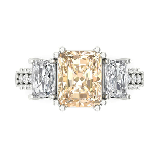 4.27 cttw Natural Morganite Three-Stone Engagement Ring - Solid White Gold (VVS1, Emerald Cut,9x7mm)
