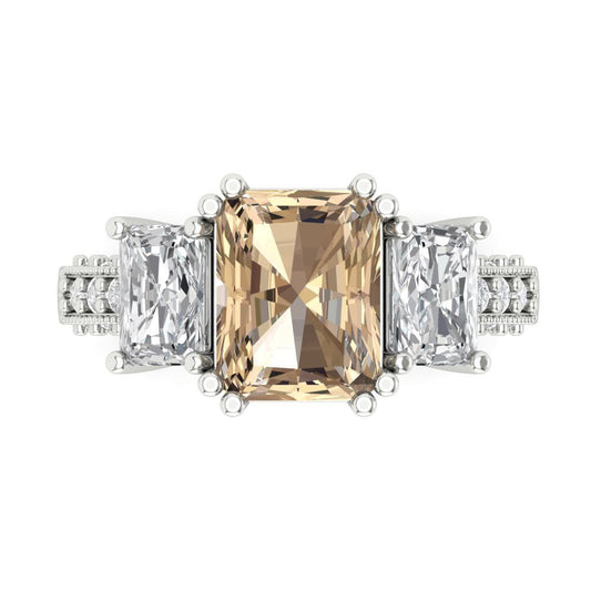 4.27 cttw Yellow Moissanite Three-Stone Engagement Ring - Solid White Gold (VVS1, Emerald Cut,9x7mm)