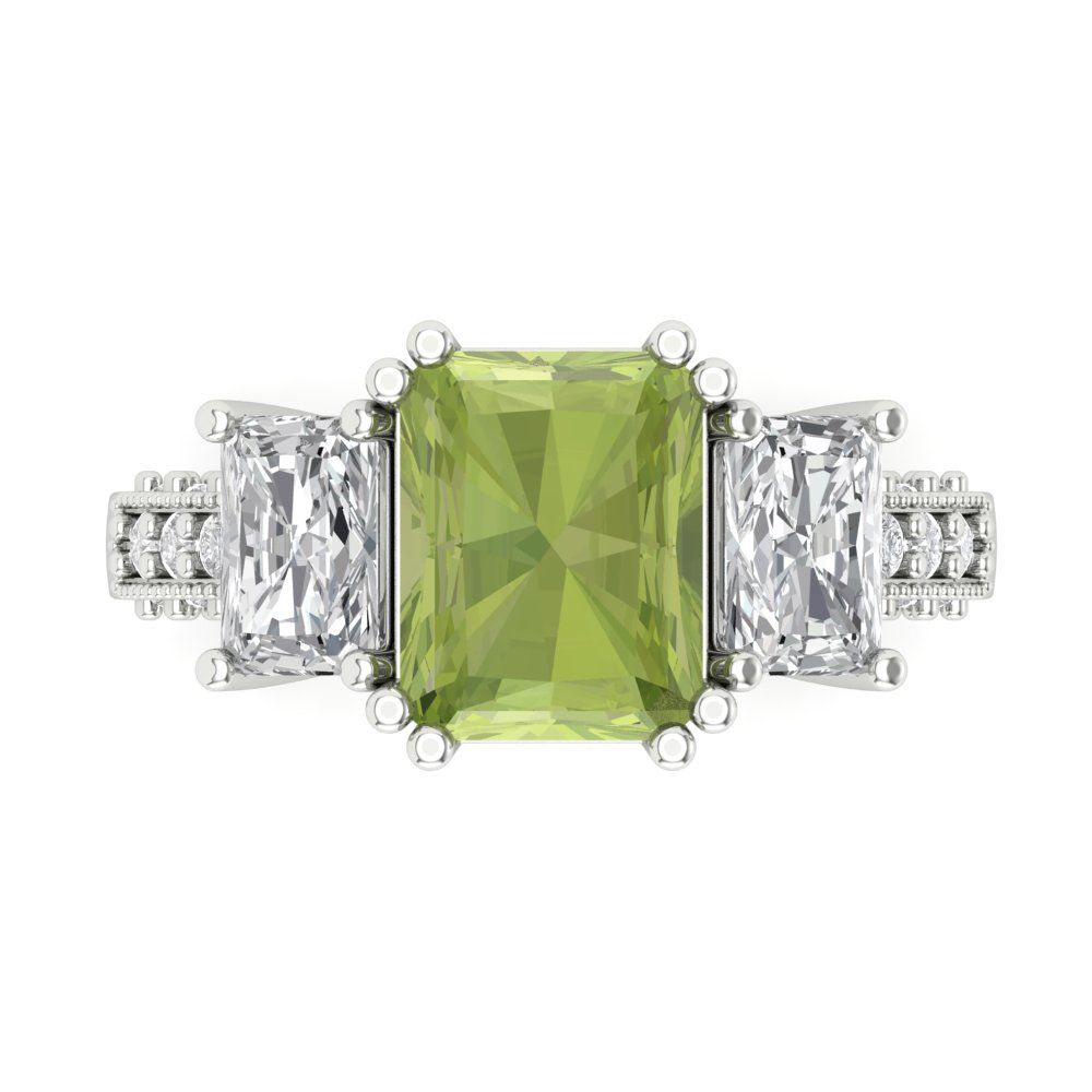4.27 cttw Natural Peridot Three-Stone Engagement Ring - Solid Gold (Emerald Cut,9x7mm)