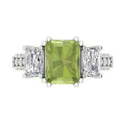 4.27 cttw Natural Peridot Three-Stone Engagement Ring - Solid Gold (Emerald Cut,9x7mm)