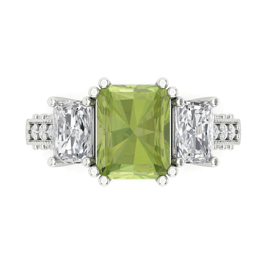 4.27 cttw Natural Peridot Three-Stone Engagement Ring - Solid White Gold (VVS1, Emerald Cut,9x7mm)