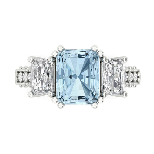 4.27 cttw Natural Aquamarine Three-Stone Engagement Ring - Solid White Gold (VVS1, Emerald Cut,9x7mm)