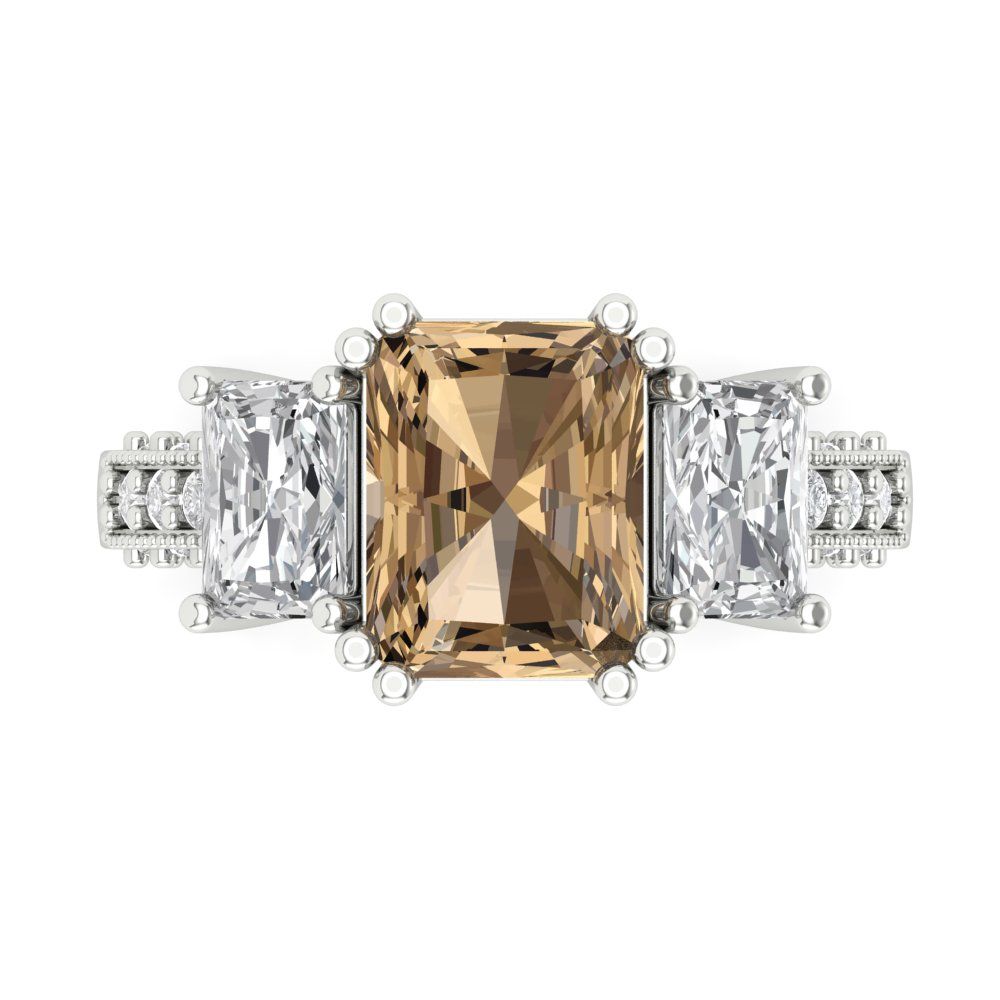 4.27 cttw Zirconia Simulated Champagne Diamond Three-Stone Engagement Ring - Solid Gold (VVS1, Emerald Cut,9x7mm)