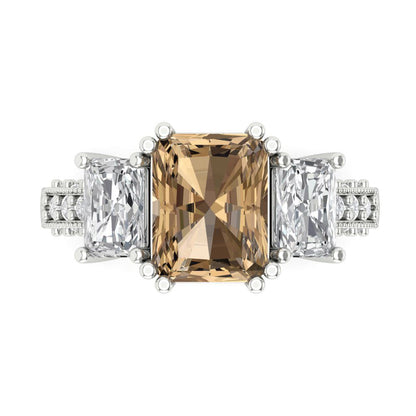 4.27 cttw Zirconia Simulated Champagne Diamond Three-Stone Engagement Ring - Solid Gold (VVS1, Emerald Cut,9x7mm)