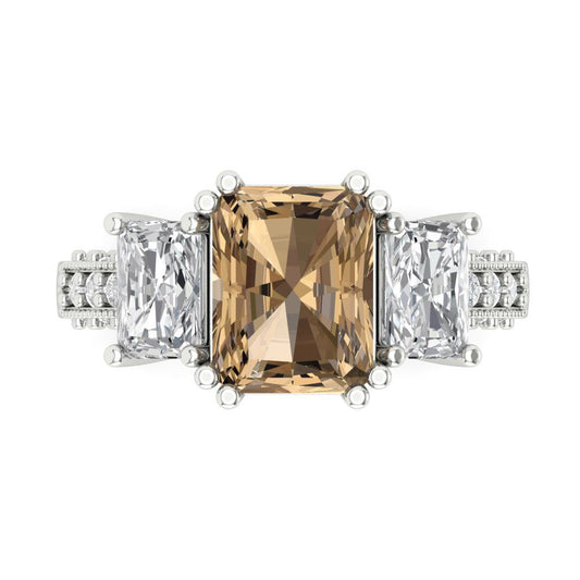 4.27 cttw Zirconia Simulated Champagne Diamond Three-Stone Engagement Ring - Solid White Gold (VVS1, Emerald Cut,9x7mm)