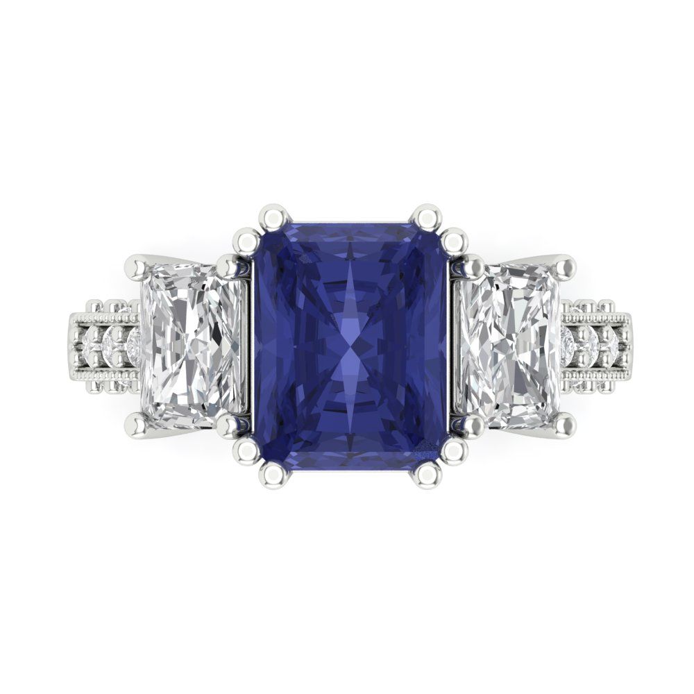 4.27 cttw Simulated Tanzanite Three-Stone Engagement Ring - Solid Gold (Emerald Cut,9x7mm)