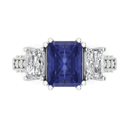 4.27 cttw Simulated Tanzanite Three-Stone Engagement Ring - Solid Gold (Emerald Cut,9x7mm)
