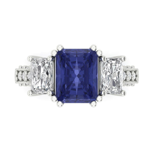 4.27 cttw Simulated Tanzanite Three-Stone Engagement Ring - Solid White Gold (VVS1, Emerald Cut,9x7mm)