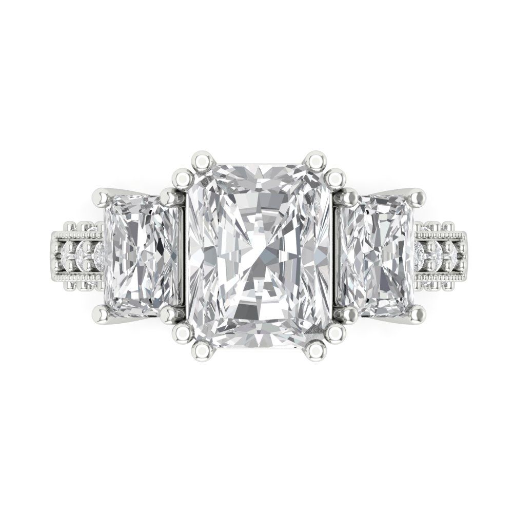 4.27 cttw Certified Moissanite Three-Stone Engagement Ring - Solid Gold (VVS1, D-F,Emerald Cut,9x7mm)