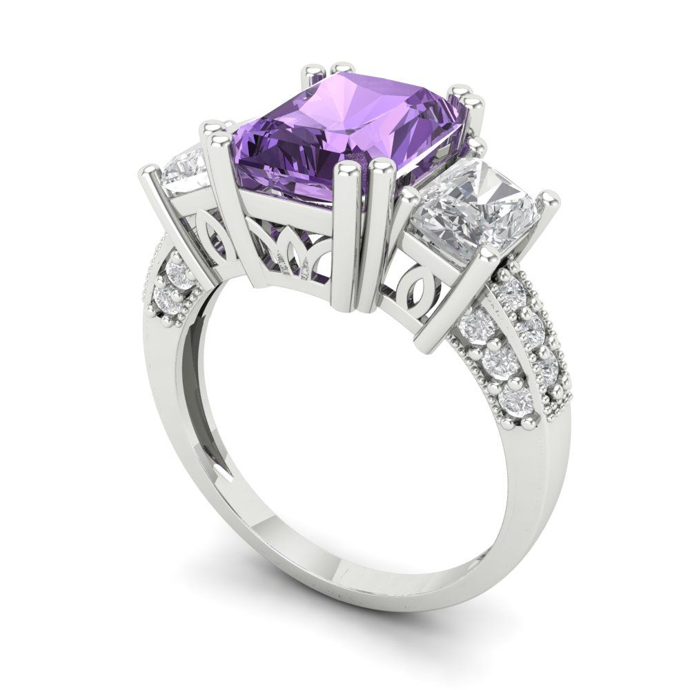 4.27 cttw Simulated Alexandrite Three-Stone Engagement Ring - Solid Gold (Emerald Cut,9x7mm)