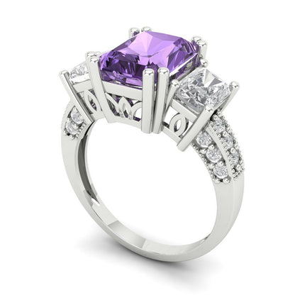 4.27 cttw Simulated Alexandrite Three-Stone Engagement Ring - Solid Gold (Emerald Cut,9x7mm)