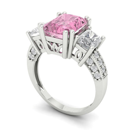 4.27 cttw Zirconia Simulated Pink Diamond Three-Stone Engagement Ring - Solid Gold (VVS1, Emerald Cut,9x7mm)