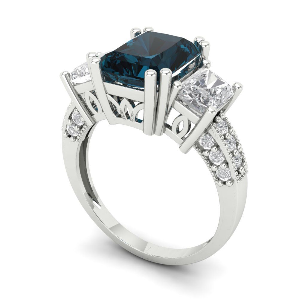 4.27 cttw Natural London Blue Topaz Three-Stone Engagement Ring - Solid Gold (Emerald Cut,9x7mm)