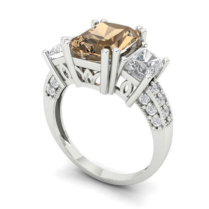 4.27 cttw Zirconia Simulated Champagne Diamond Three-Stone Engagement Ring - Solid Gold (VVS1, Emerald Cut,9x7mm)