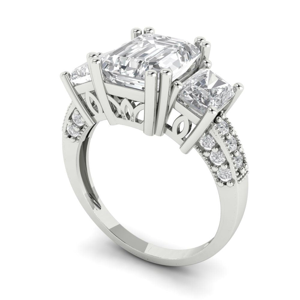 4.27 cttw Zirconia Simulated Diamond Three-Stone Engagement Ring - Solid Gold (VVS1, Emerald Cut,9x7mm)