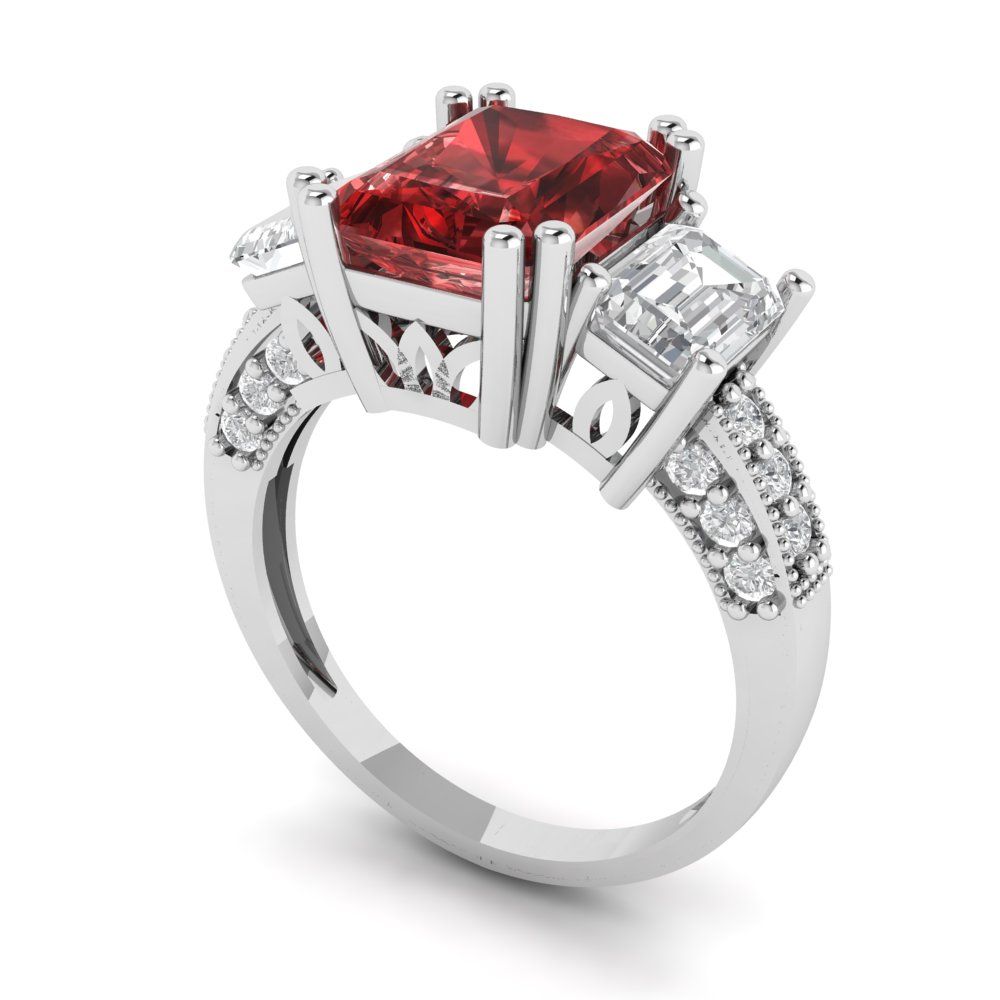 4.27 cttw Natural Garnet Three-Stone Engagement Ring - Solid Gold (Emerald Cut,9x7mm)