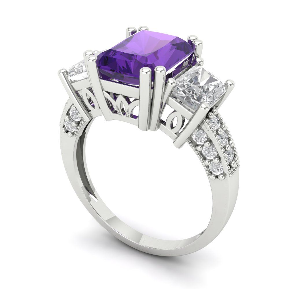 4.27 cttw Natural Amethyst Three-Stone Engagement Ring - Solid Gold (Emerald Cut,9x7mm)