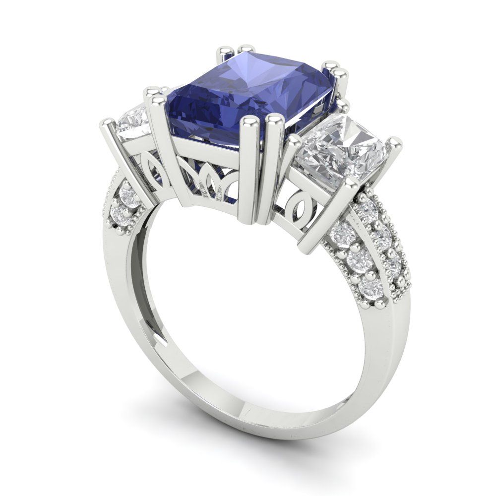 4.27 cttw Simulated Tanzanite Three-Stone Engagement Ring - Solid Gold (Emerald Cut,9x7mm)
