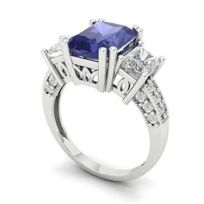 4.27 cttw Simulated Tanzanite Three-Stone Engagement Ring - Solid Gold (Emerald Cut,9x7mm)