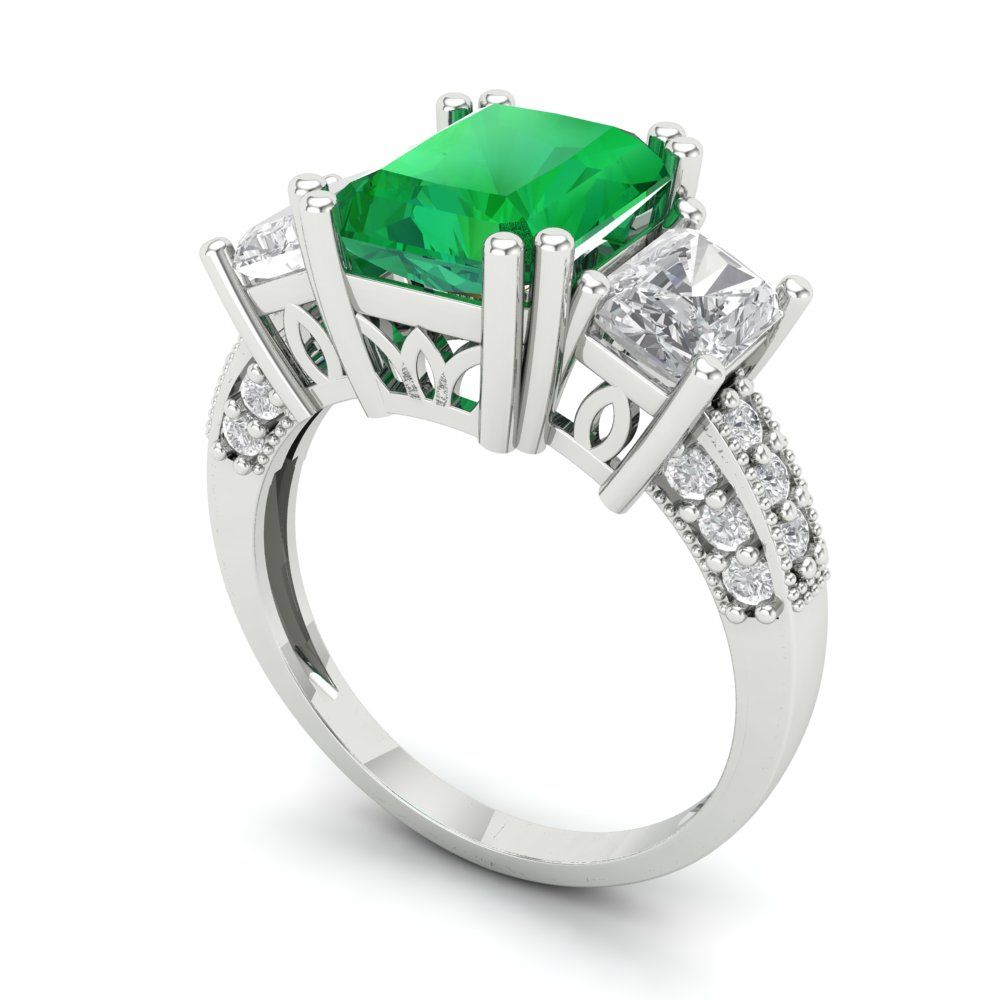 4.27 cttw Simulated Emerald Three-Stone Engagement Ring - Solid Gold (Emerald Cut,9x7mm)