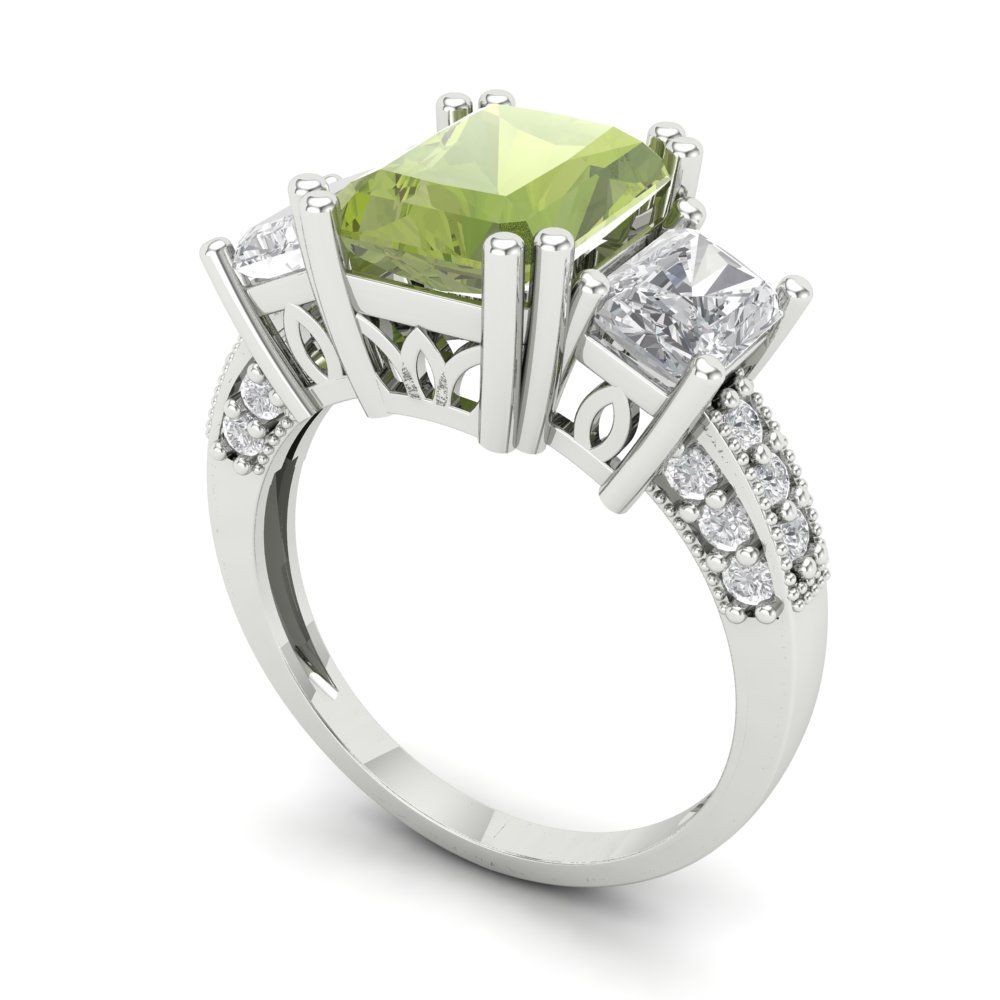 4.27 cttw Natural Peridot Three-Stone Engagement Ring - Solid Gold (Emerald Cut,9x7mm)