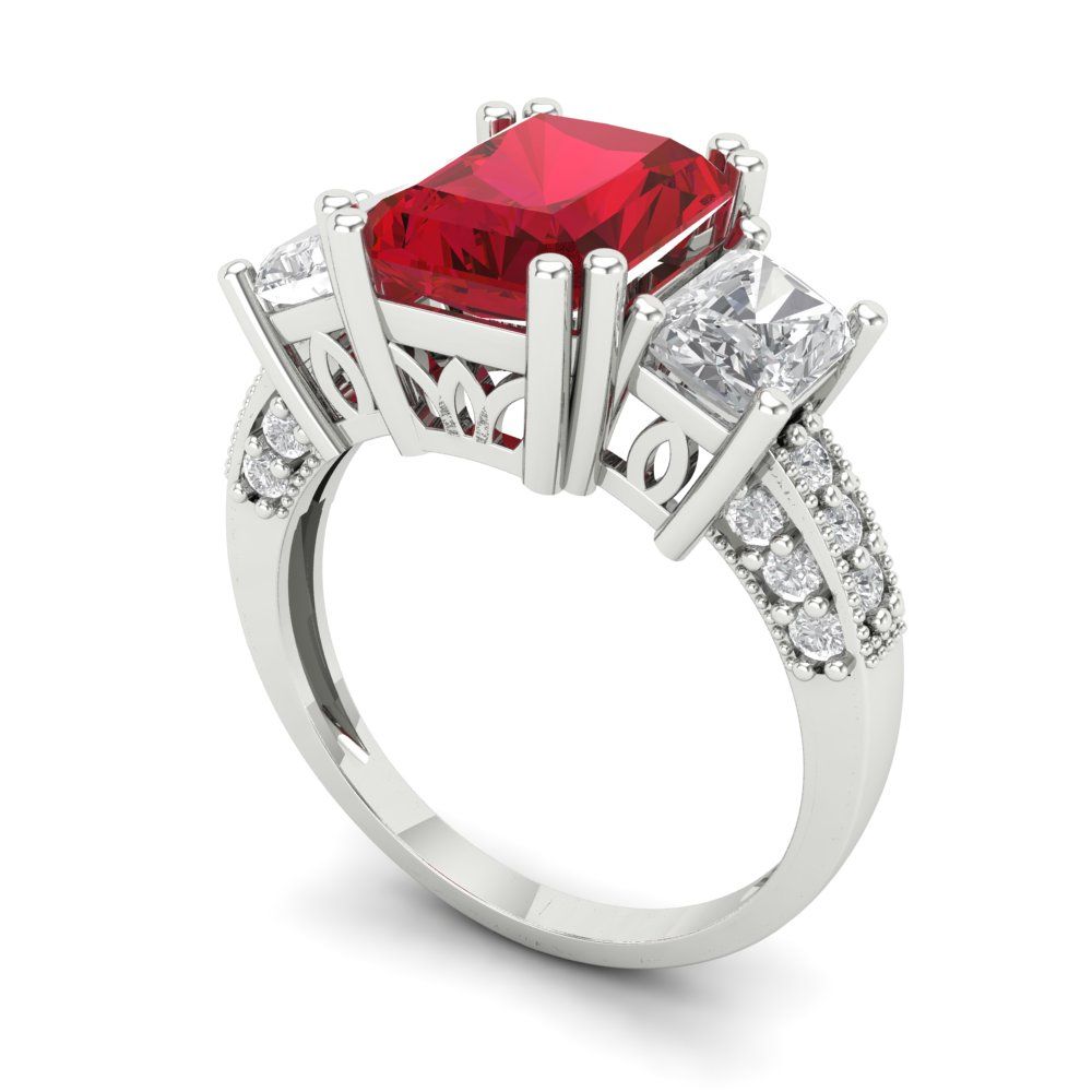 4.27 cttw Simulated Pink Tourmaline Three-Stone Engagement Ring - Solid Gold (Emerald Cut,9x7mm)