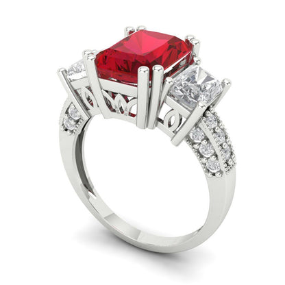 4.27 cttw Simulated Pink Tourmaline Three-Stone Engagement Ring - Solid Gold (Emerald Cut,9x7mm)