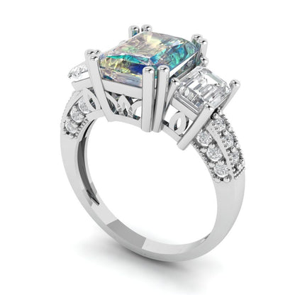 4.27 cttw Blue Moissanite Three-Stone Engagement Ring - Solid Gold (Emerald Cut,9x7mm)